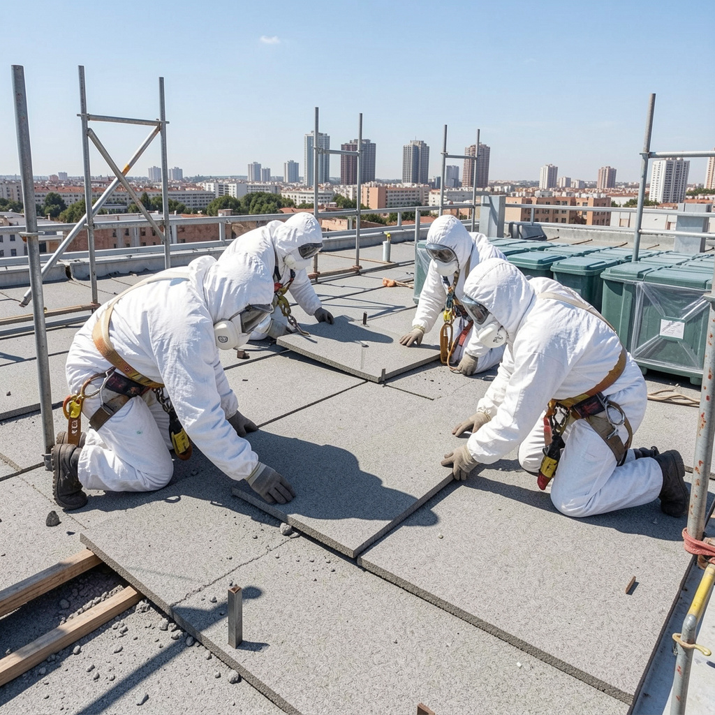 Equipo especializado desmontando placas de fibrocemento con amianto en Valencia, arneses y protección total